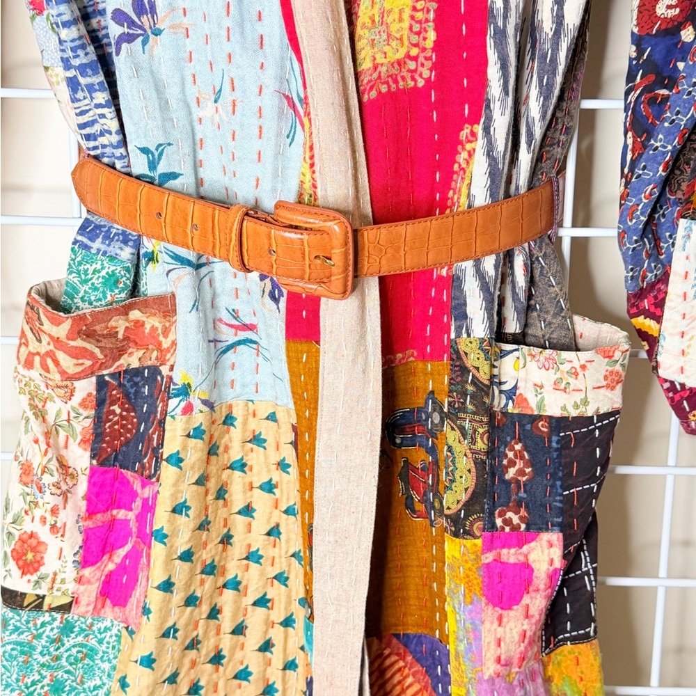 Source Unknown Multicolor Patchwork Robe With Belt - image 2